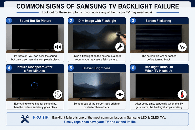 Common signs of Samsung TV backlight failure including flickering and dim screen