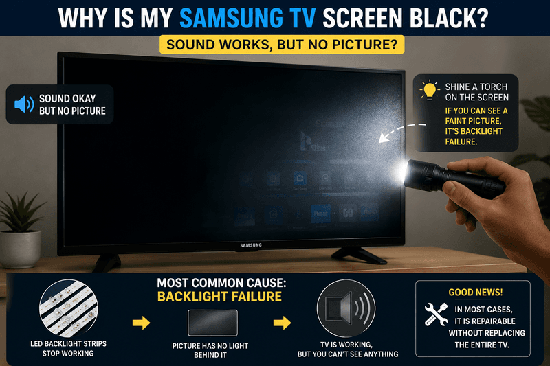 Common causes of Samsung TV black screen with sound issue