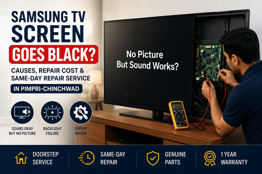 Samsung TV black screen but sound works repair service in Pimpri-Chinchwad