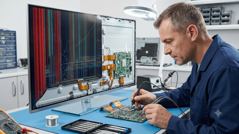 Samsung TV T-Con board and ribbon cable inspection