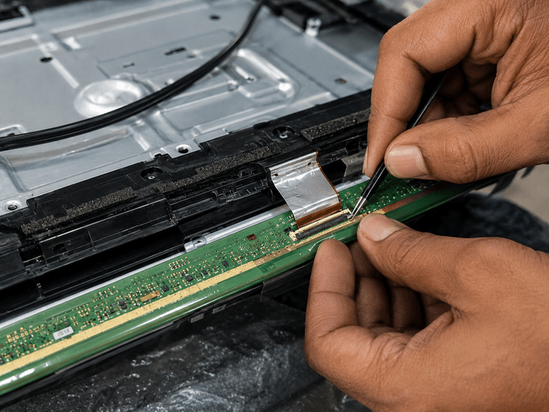 Technician checking ribbon cable connection inside Sony Bravia TV