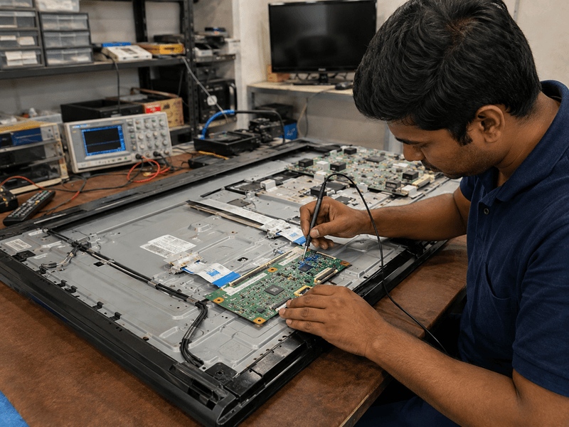Technician inspecting T-Con board inside Sony Bravia TV