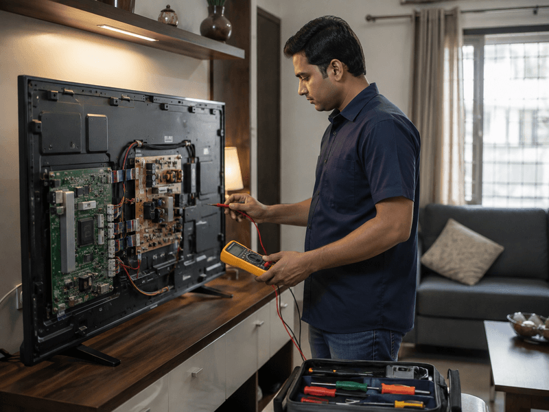 Technician diagnosing Sony Bravia TV at home in Pune